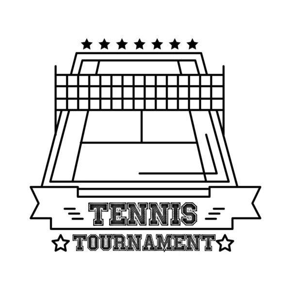 テニスコートスポーツリボンとレタリングラインスタイルのアイコン — ストックベクタ