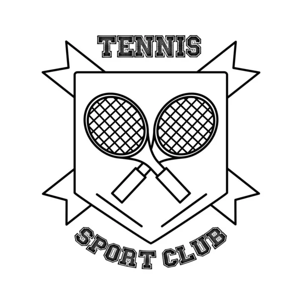 Raquetas deportivas de tenis en escudo línea estilo icono — Vector de stock