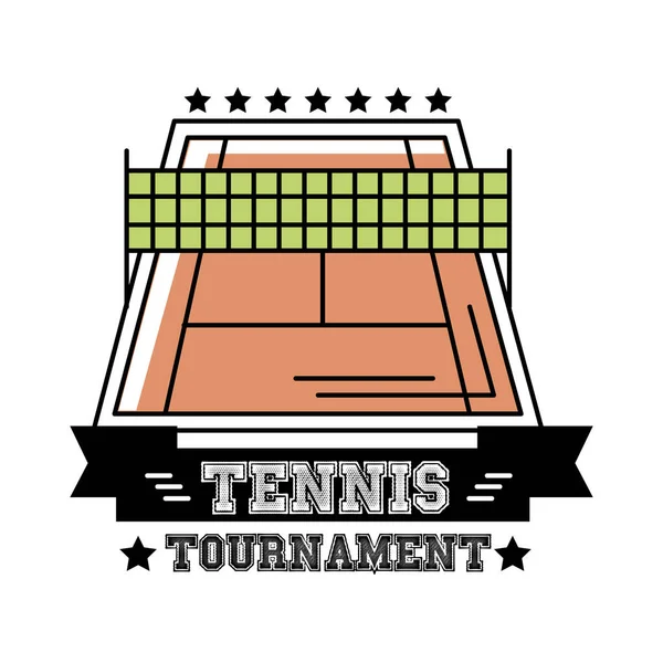Теннисный корт спорт с лентой и буквами линии и икона стиля заполнения — стоковый вектор