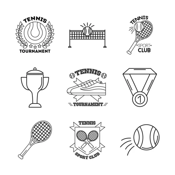 Pacote de nove ícones de jogo de tênis esporte — Vetor de Stock