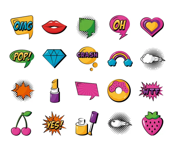 Paquete de veinte iconos conjunto de arte pop — Vector de stock
