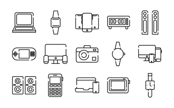 Paquete de quince dispositivos electrónicos conjunto de iconos — Archivo Imágenes Vectoriales