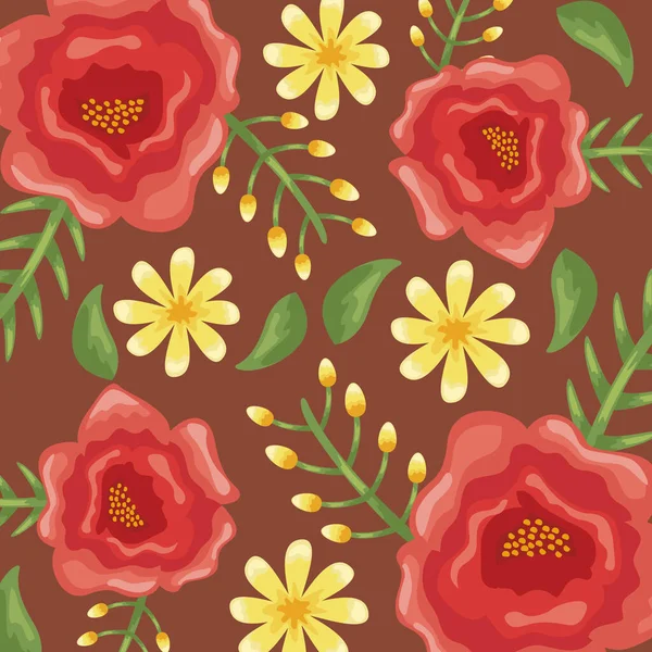 Λουλούδια χρώματα κόκκινο και κίτρινο μοτίβο λεπτομερές στυλ — Διανυσματικό Αρχείο