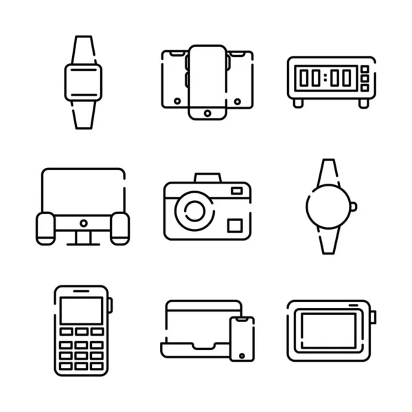 Paquet de neuf appareils icônes ensemble électronique — Image vectorielle