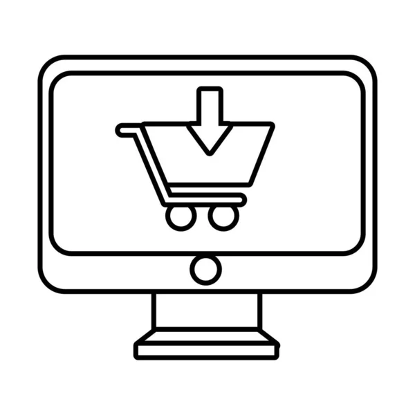 Desktop com ícone de estilo de linha carrinho de compras — Vetor de Stock