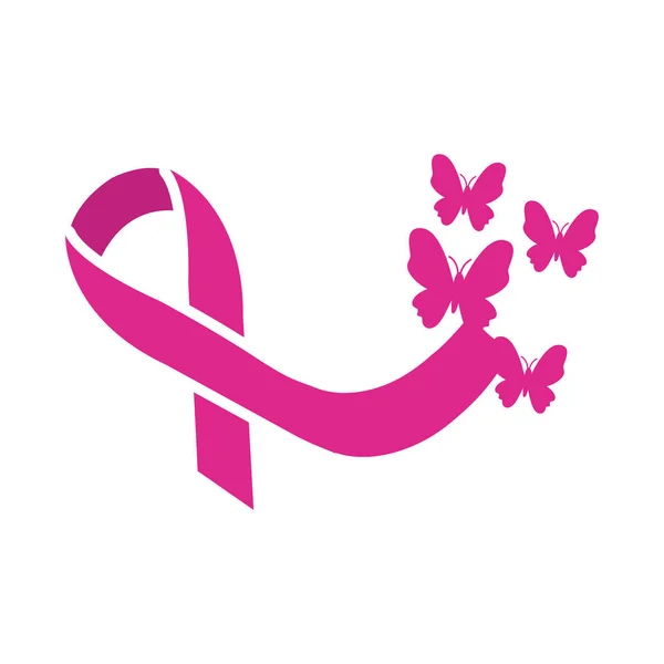Рожева стрічка з метеликами значок стилю силует раку молочної залози — стоковий вектор