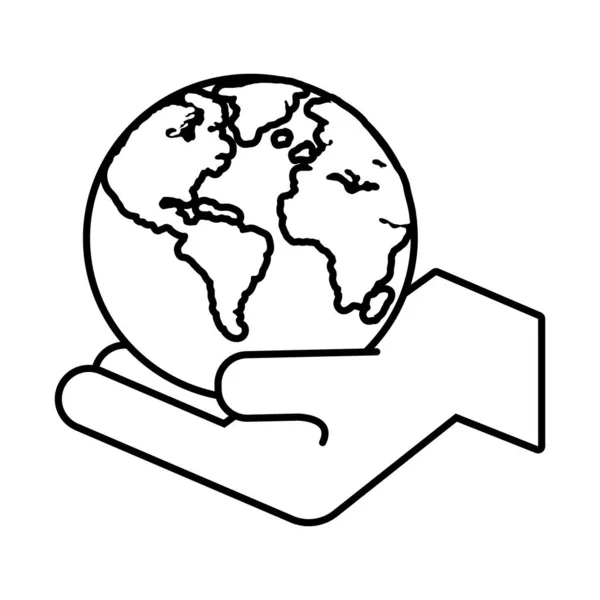 Mão levantando planeta mundo ícone de estilo linha de terra —  Vetores de Stock