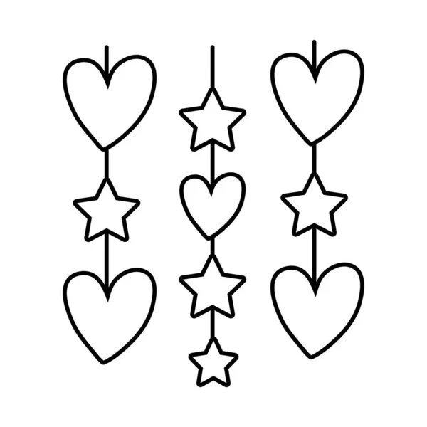 Corazones amor y estrellas colgando iconos de estilo de línea — Archivo Imágenes Vectoriales