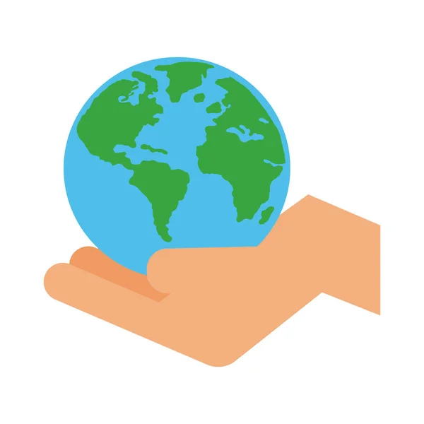 Hand lifting world planet earth line and fill style icon — Stock Vector