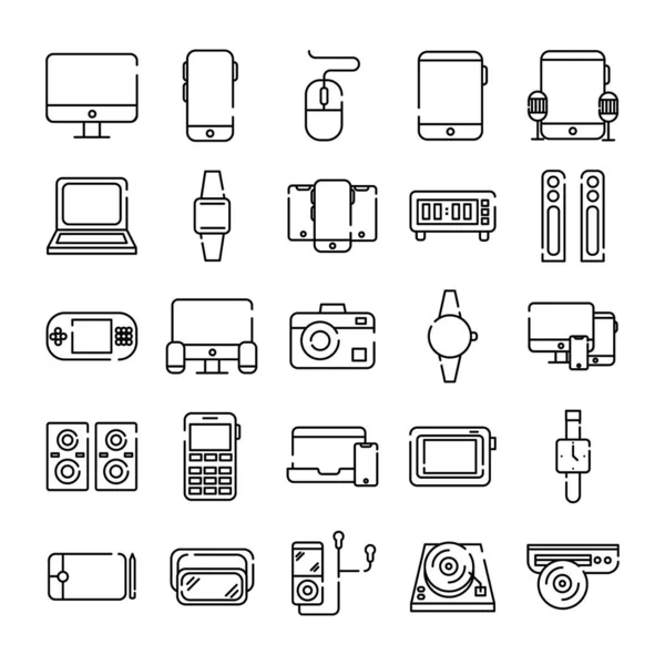 Paquete de veinticinco dispositivos electrónicos conjunto de iconos — Archivo Imágenes Vectoriales