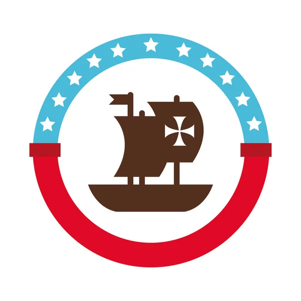 Pecsét karavéllel hajó Kolumbusz nap lapos stílusú ikon — Stock Vector