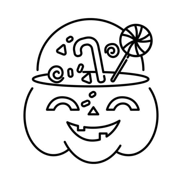 Calabaza de Halloween con dulces caramelos icono de estilo de línea — Vector de stock