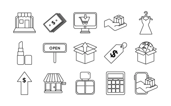 Paquete de quince iconos conjunto de compras — Archivo Imágenes Vectoriales