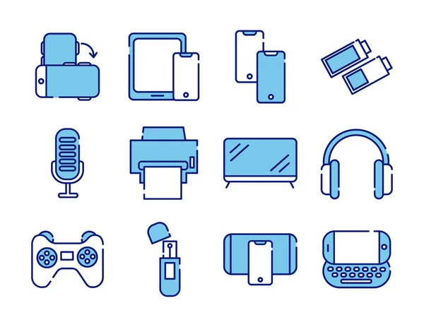 Bundel van twaalf apparaten elektronica set pictogrammen — Stockvector