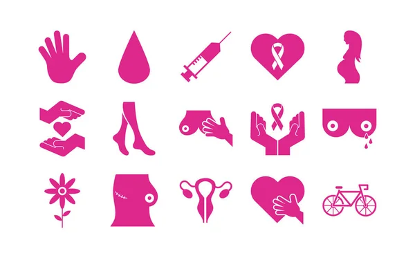 Bundle of fifteen breast cancer set icons — Stock Vector