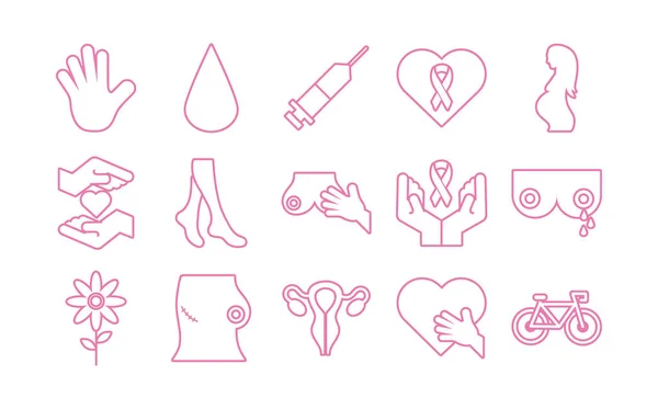 Pacote de quinze ícones de conjunto de câncer de mama —  Vetores de Stock