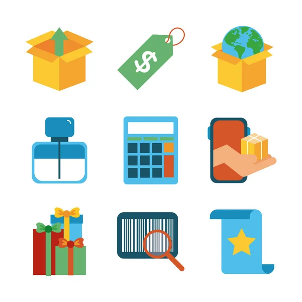 Paquete de nueve iconos conjunto de compras — Vector de stock