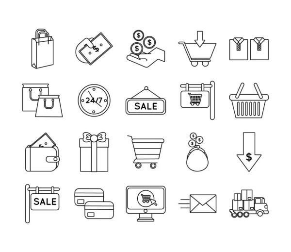 Paquete de veinte iconos conjunto de compras — Archivo Imágenes Vectoriales