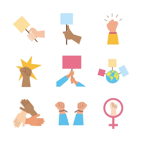 Bundle of hands protest set icons — Stock Vector