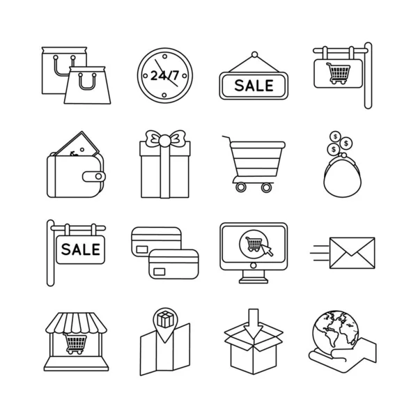 Paquete de dieciséis iconos de colección conjunto de compras — Vector de stock