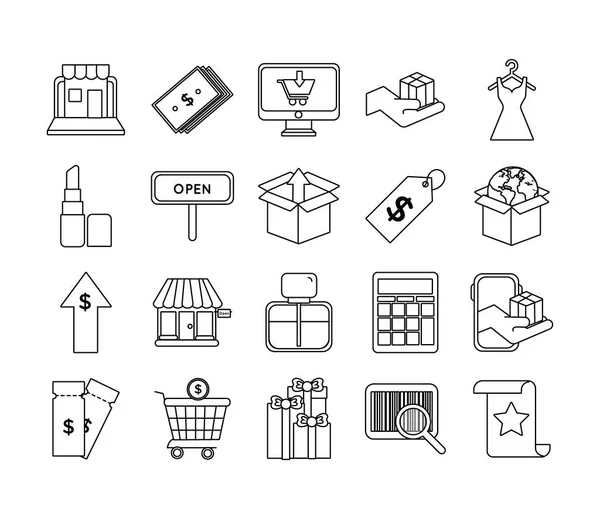 Paquete de veinte iconos de colección conjunto de compras — Vector de stock