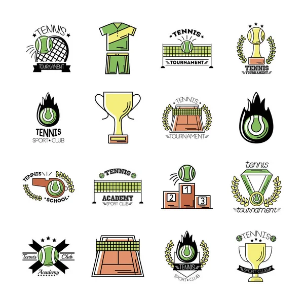 Bundle of sixteen sport tennis set icons — Stock Vector