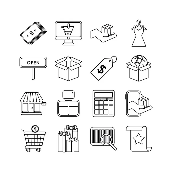 Paquete de dieciséis iconos conjunto de compras — Archivo Imágenes Vectoriales