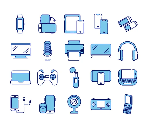 Paquet de vingt appareils électroniques set collection icônes — Image vectorielle