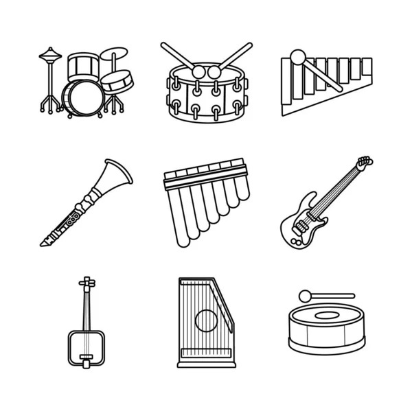 Pacote de nove ícones conjunto de instrumentos musicais — Vetor de Stock