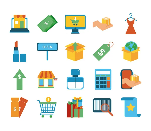 Bundel van twintig shopping set collectie pictogrammen — Stockvector