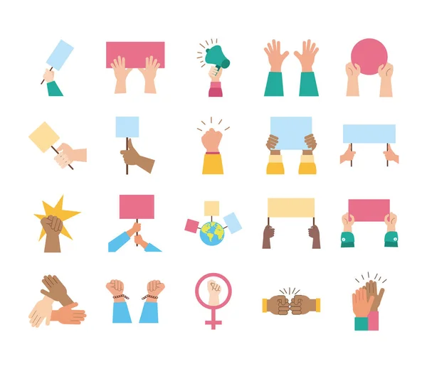 Bundle of hands protest set icons — Stock Vector