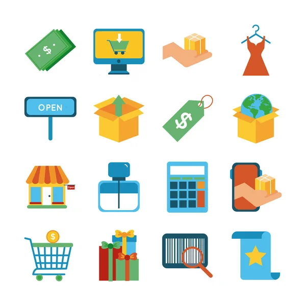 Paquete de dieciséis iconos conjunto de compras — Archivo Imágenes Vectoriales