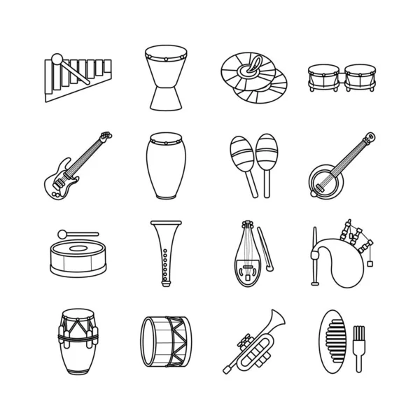 Bundle dari enam belas instrumen musik set ikon koleksi - Stok Vektor