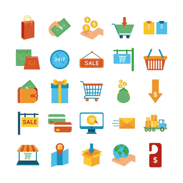 Paquete de veinticinco iconos conjunto de compras — Archivo Imágenes Vectoriales