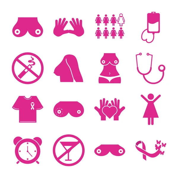 Bundel van zestien borstkanker set collectie pictogrammen — Stockvector