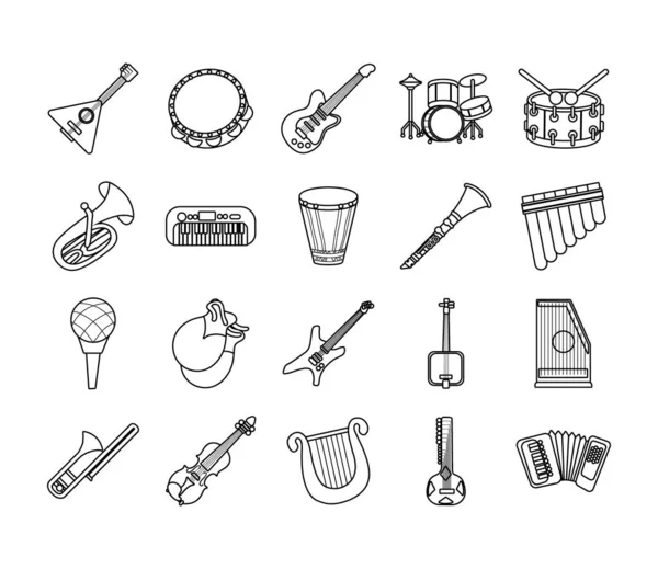 Bundle of twenty musical instruments set icons — Stock Vector