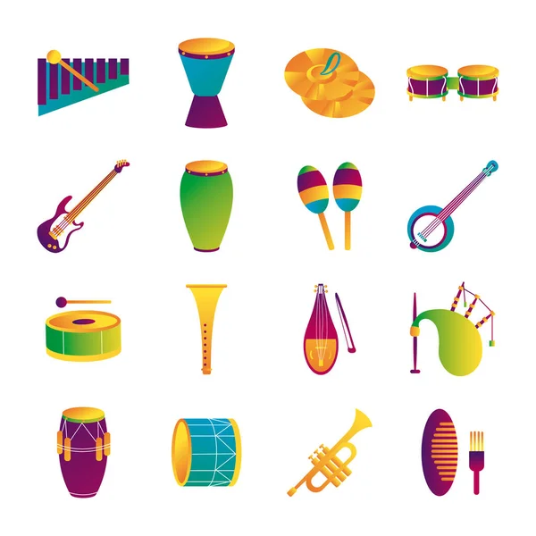 Pacote de dezesseis instrumentos musicais conjunto coleção ícones — Vetor de Stock