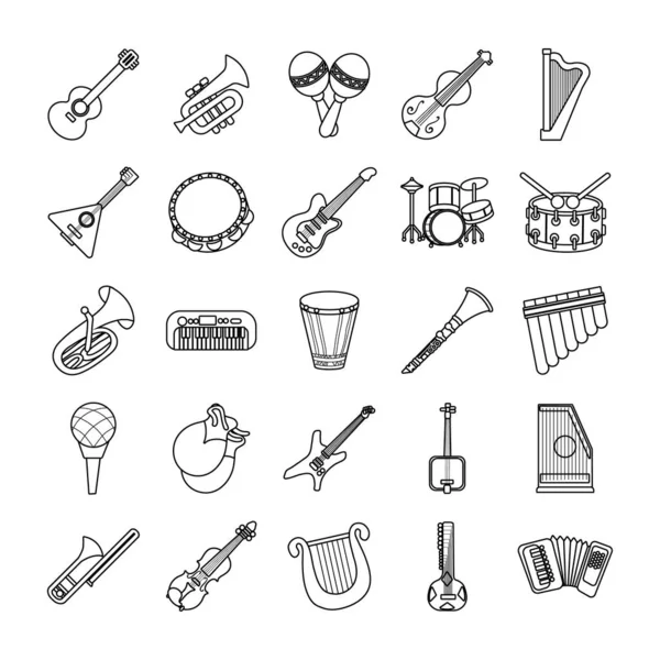 Pacote de vinte e cinco ícones de coleção conjunto de instrumentos musicais — Vetor de Stock