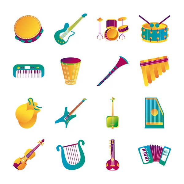 Paquete de dieciséis instrumentos musicales conjunto de iconos — Vector de stock