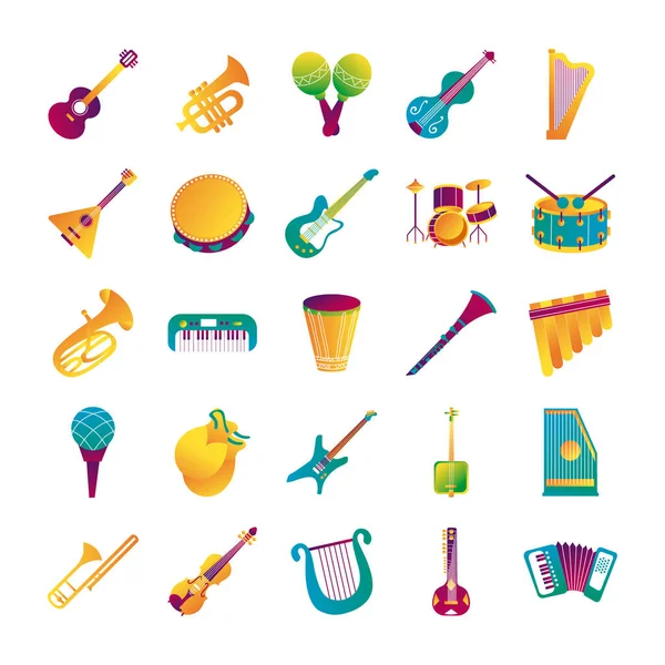 Bunt med tjugofem musikinstrument set samling ikoner — Stock vektor
