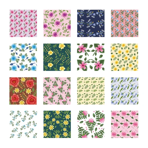 Pacote de dezesseis padrões de flores fundos — Vetor de Stock