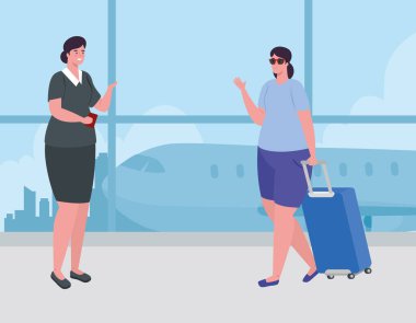 Giriş yapmak için ayakta duran kadın, uçuş için kayıt yaptırmak için bekleyen bavullu kadın havaalanında uçak bekliyor.