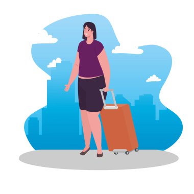 Bagajla yürüyen turist kadın, valizli kadın gezgin.