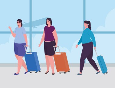 Havaalanı terminalinde kuyrukta bekleyen kadınlar, havaalanı terminalinde bavullu yolcular.