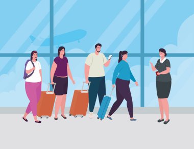 Giriş yapmak için bekleyen insanlar, uçuş için kayıt yaptırmak için bekleyen kadınlar ve bavullu adamlar havaalanında uçak için bekliyorlar.