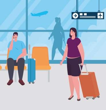 Havaalanı terminalindeki çift, havaalanı terminalindeki bavullu yolcular.