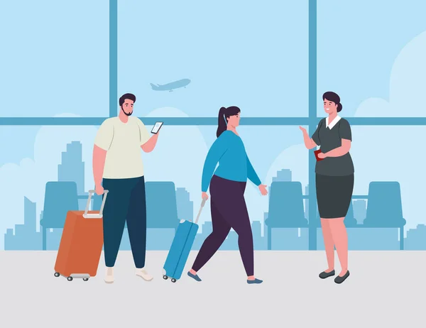 Coppia in piedi per il check-in, ordine di registrazione per il volo, donna e uomini con bagagli in attesa della partenza dell'aereo in aeroporto — Vettoriale Stock