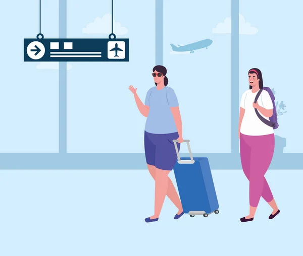 Jeunes femmes avec des bagages à l'aérogare, passagers femmes à l'aérogare avec des bagages — Image vectorielle