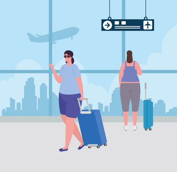 Jonge vrouwen met bagage in de luchthaventerminal, passagiers vrouw op luchthaventerminal met bagage — Stockvector