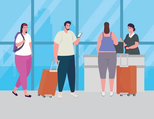 Personas en pie para facturar, para registrarse para el vuelo, mujeres y hombres con equipaje esperando la salida del avión en el aeropuerto — Archivo Imágenes Vectoriales